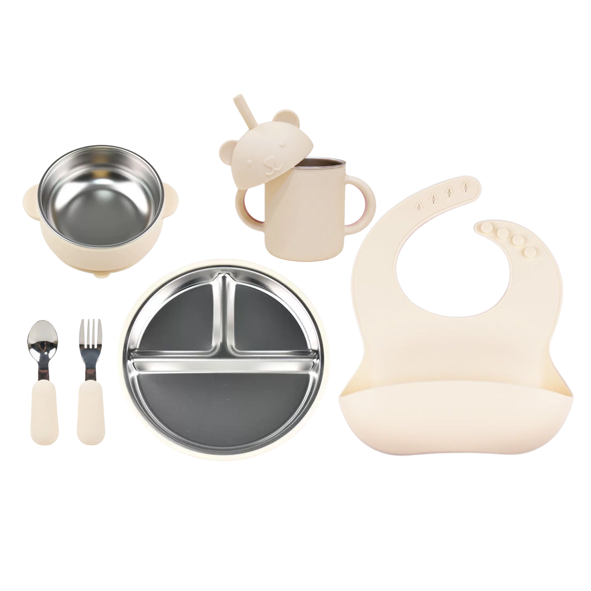 Stainless Steel Baby Dining Set (Bowl + Plate + Cup + Cutlery Set + Bib)