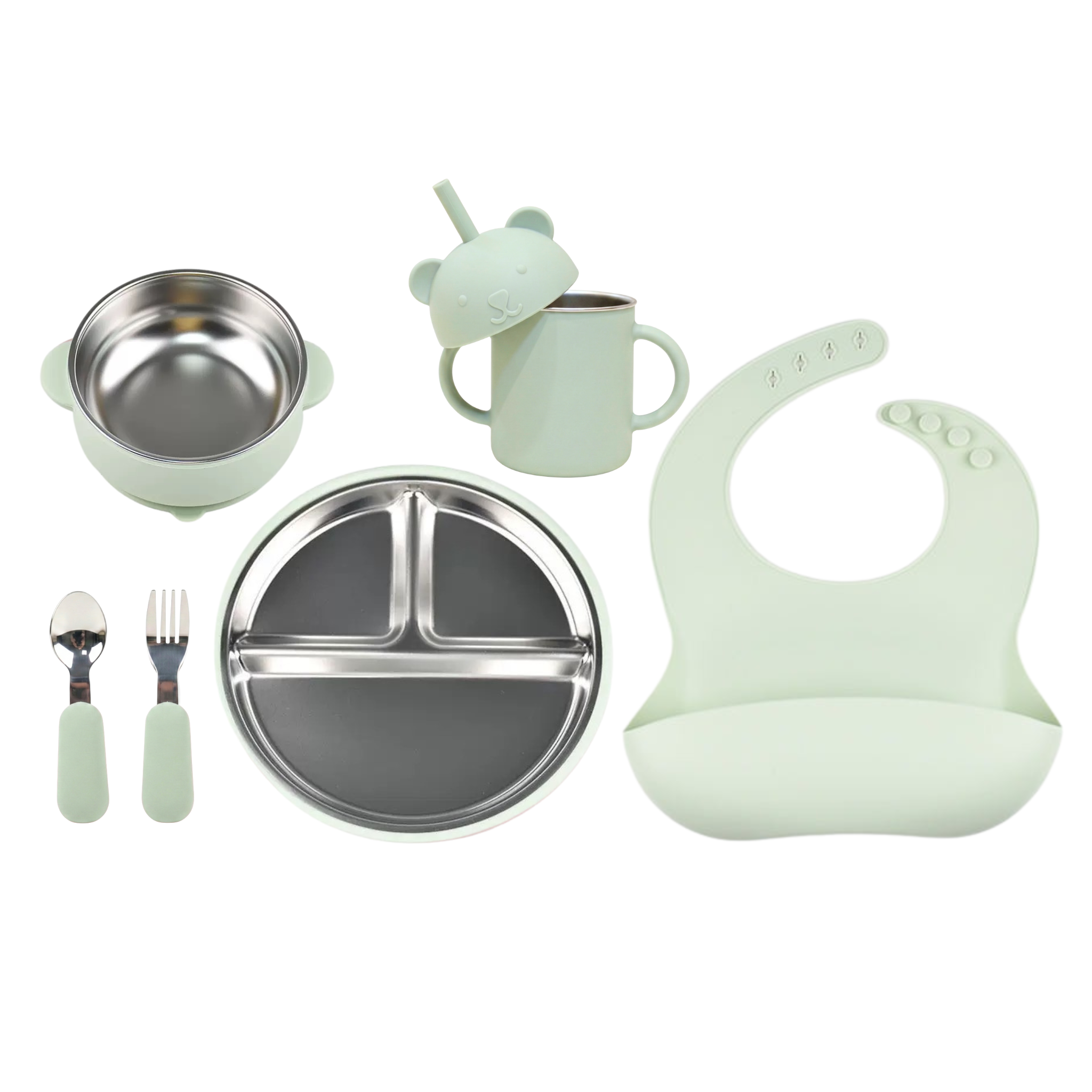 Stainless Steel Baby Dining Set (Bowl + Plate + Cup + Cutlery Set + Bib)